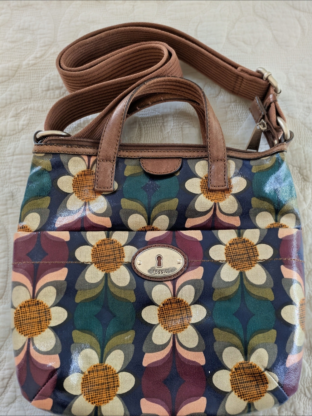 Fossil Multicolor Floral Crossbody with Brown Trim